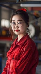  picture illustration of a young asian female worker in a indoor fabric space, blue and purple light, posing on camera