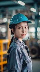  picture illustration of a young asian female worker in a indoor fabric space, blue and purple light, posing on camera