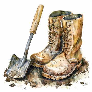 watercolor boots and shovel on ground clip art preview