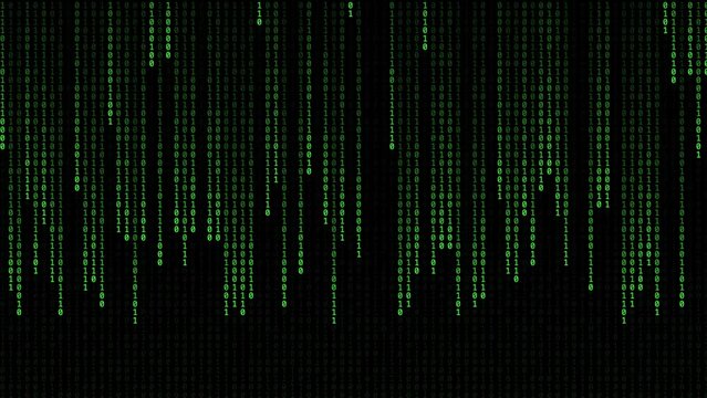 Binary green code on black background. Moving digits on screen. Concept of digital age. Algorithm, data code, decryption and encoding, row matrix, future, animation. Digital computer graphic motion.