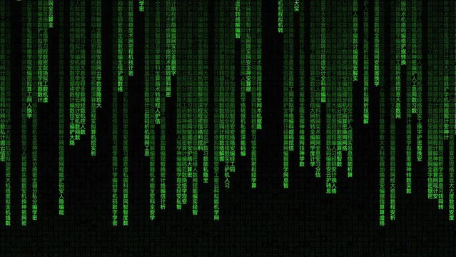Chinese character. Green code on black background. Moving digits on screen. Concept of digital age. Algorithm, data, decryption and encoding, row matrix, future, animation 4k. Computer graphic motion.