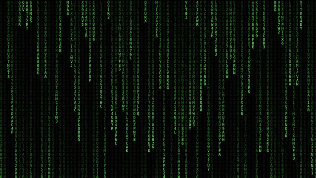 Green code on black background. Moving digits on screen. Concept of digital age. Algorithm, data code, decryption and encoding, row matrix, future, program. Computer graphic motion, animation 4k