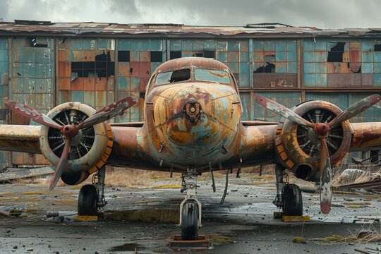 A vintage, abandoned airplane with rusting body and propellers sits forgotten in a dilapidated hangar