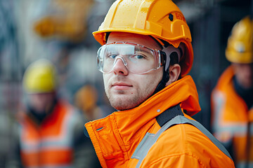 young male construction worker in orange safety gear at a work site