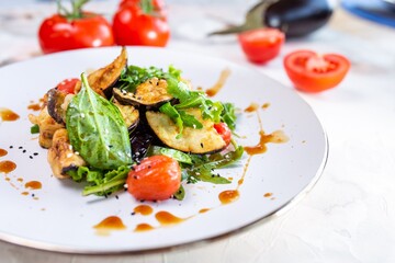 Grilled Eggplant and Spinach Salad with Juicy Tomatoes