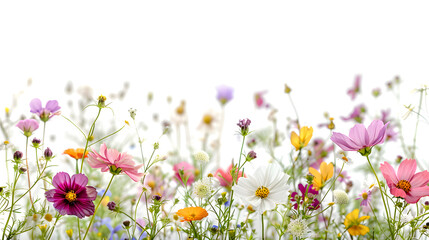 Fototapeta premium Dainty wildflowers as a frame border, isolated with copyspace. Perfect for nature-themed designs and spring or summer events.