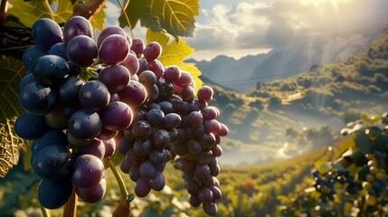 Close-up bunches of pink grapes on a sunny day against the backdrop of a grape plantation