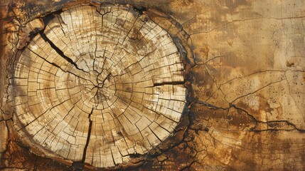 Closeup of tree stump reveals annual rings, showcasing natural patterns and symmetry. Wood tones and shades create a beautiful circle of life in the natural landscape.
