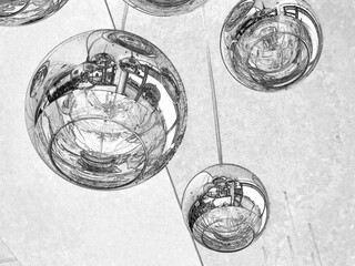 Modern ceiling lamps background, round lamps over ceiling pattern. Pencil sketch drawing illustration