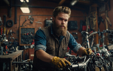 Young man with beard mechanic working in a bicycle service