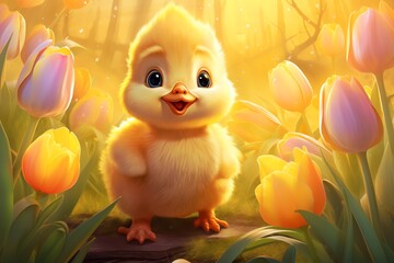 Craft an enchanting Easter illustration featuring a joyous chick discovering a golden egg beneath blooming tulips, with dazzling pastel hues and a touch of magic.
