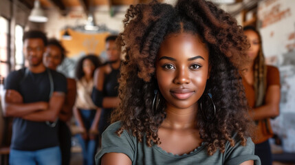 Fototapeta premium Curly-haired African woman in the foreground with a supportive team behind her.