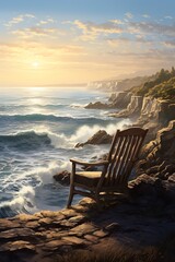Fototapeta premium Design a picturesque scene of a cozy chair perched on a cliffs edge, with waves crashing below, utilizing photorealistic details to emphasize the intricate textures of the weathered wood and the rugge