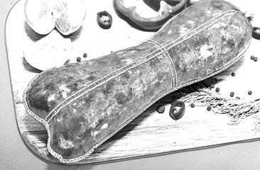 Tasty sausages and vegetables isolated over solid background. Pencil sketch illustration