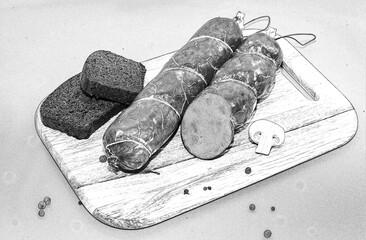 Tasty sausages and vegetables isolated over solid background. Pencil sketch illustration