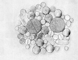 Black and white pills, medicine background. Tablets prescribed for different diseases, health care background, monochrome pills. Hand drawn pencil sketch illustration