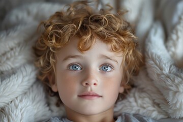 Fototapeta premium Cute young boy with curly hair lying down with a contemplative look, surrounded by soft blankets