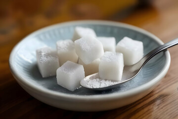 Fototapeta na wymiar Sugar cubes in plate with metal spoon 