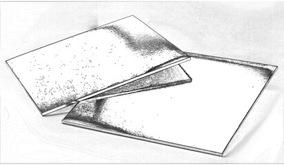 Golden plastic square tray isolated over white background. Hand drawn pencil sketch illustration © Studio-M