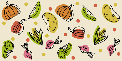 Colorful seamless Doodle pattern Vegetables: pumpkin, corn, cucumber, potato editable stroke. Vector hand drawn illustration done in green, orange, red, yellow colors. Isolated on beige background	