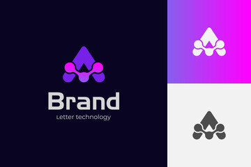 Letter A tech logo icon design with molecule dots graphic idea creative logo symbol for brand identity, initial artificial intelligence signs