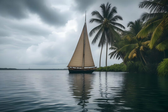 Sailboat on a Lake at rainny day, Amidst the Palm Trees in sea