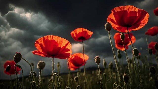 Red poppies in field beneath storm clouds