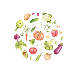 Watercolor vegetables set in a circle. Cucumber, tomato and avocado, paprika. Kidney beans, potato and onion, eggplant, champignon mushrooms and parsley plant. Broccoli and cauliflower. Artichoke and