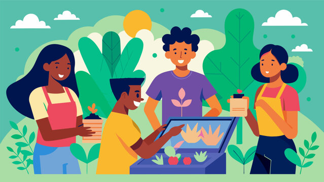 In a community garden friends chat and laugh as they work together to screen print Juneteenth Tshirts surrounded by the beauty and growth of their. Vector illustration