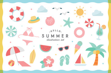 夏のアイテムのイラストセット　海　夏休み　ビーチ　シンプル　かわいい　南国　リゾート　旅行　バカンス