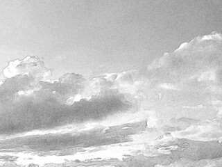 White fluffy clouds in the deep blue sky. Heaven background. Hand drawn pencil sketch illustration