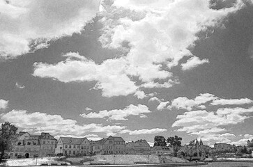 White clouds in deep blue summer sky, over beautiful houses. Hand drawn pencil sketch illustration
