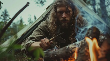 A man with a beard sharpens a knife near the campfire. Bushcraft