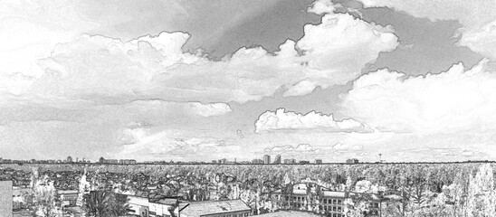 Clouds flying over the city. Hand drawn pencil sketch illustration