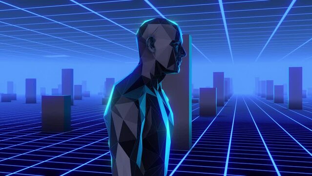 An abstract polygon 3D humanoid waking in an endless neon grid environment with randomly moving 3D columns.