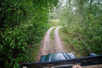 Dobele, Latvia - August 18, 2023 - View from a vehicle driving down a narrow forest road, surrounded by green foliage.