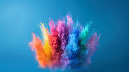 Festival of Color Powder Explosion, colorful rainbow holi powder exploding, isolated on solid colour wide angle background.