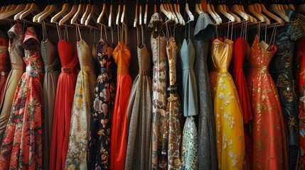 Colorful dresses hanging on a clothes rack in a fashion store.