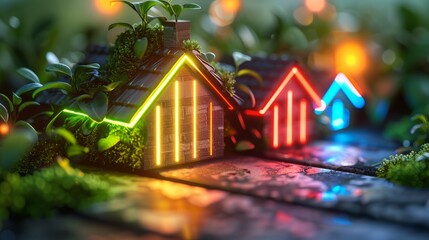 Miniature house with green plant and colorful light bokeh background