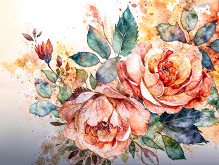 Watercolor background with roses, flowers illustration, wallpaper design. Generative ai
