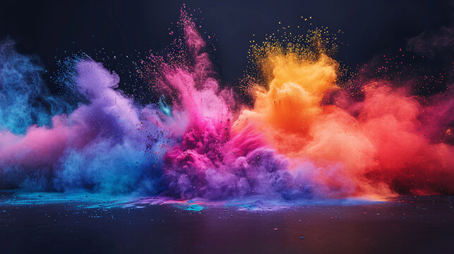 Festival of Color Powder Explosion, colorful rainbow holi powder exploding, isolated on solid colour wide angle background.