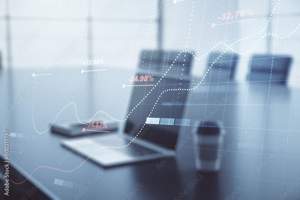 Poster double exposure of abstract creative statistics data hologram on laptop background, statistics and a