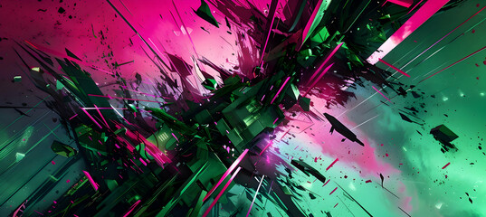 A high-definition image of a striking geometric abstract artwork with sharp angles and chaotic lines in a vibrant color palette of neon green and hot pink, suggesting rapid movement