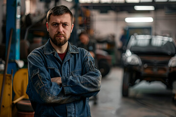 Obraz premium Standing with arms crossed. Auto mechanic working in garage. Repair service 