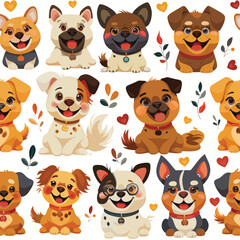 Fototapeta premium Funny dog animal crowd cartoon seamless pattern in flat illustration style. Cute puppy pet group background, diverse domestic dogs breed wallpaper.