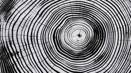 A monochromatic closeup photo capturing the symmetrical pattern of the annual rings of a tree trunk, resembling a beautiful art drawing in black and white