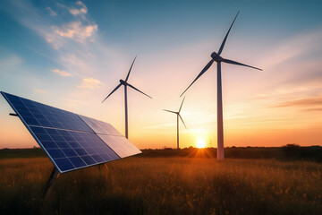 Windmill wind turbine and solar cell panel on blue sky at sunset, clean energy concept, solar energy concept