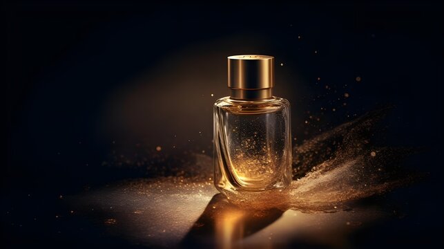 A bottle of perfume with gold glitter on a gold background