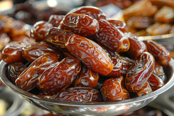 Pile of fresh dried date fruits in metal bowl
