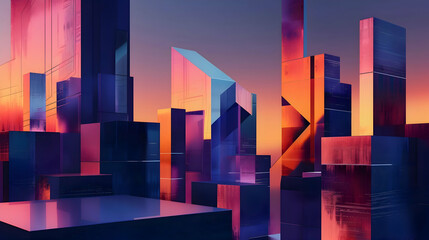 A high-definition image of an abstract geometric landscape, featuring sharp, angular forms that resemble a city skyline during dusk, with a color palette of deep blues and dusky oranges